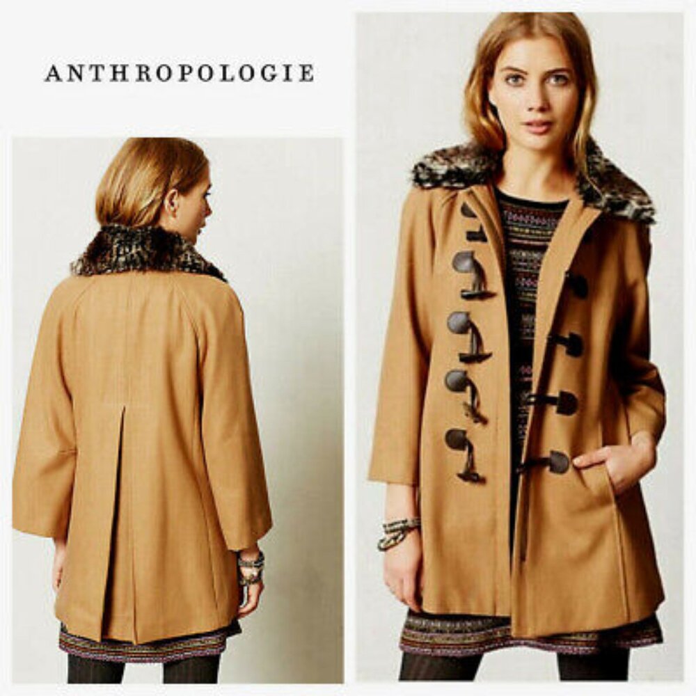 Anthropologie Melton Camel Wool Jacket Pea Coat With Fur Collar